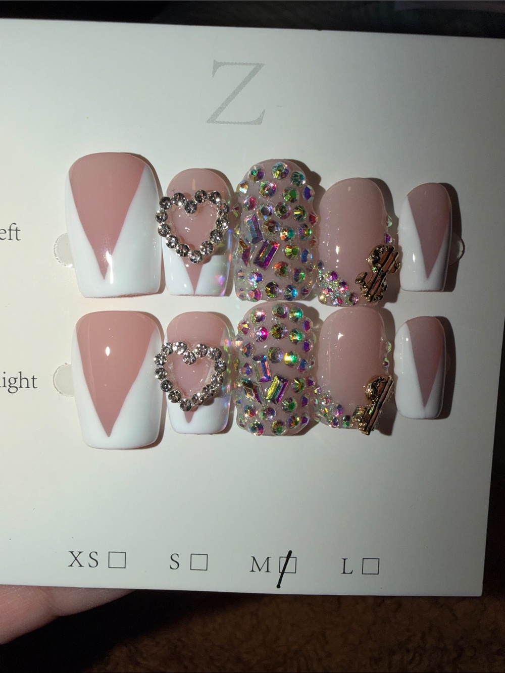 Nude Pink & White Rhinestone Embellished Press-On Nails